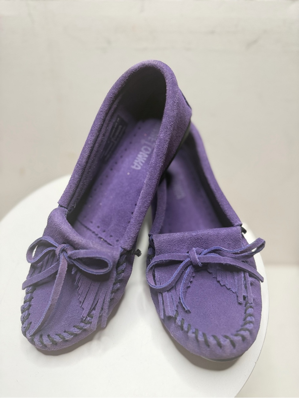 Women’s Purple Suede Minnetonka Loafers with Bow